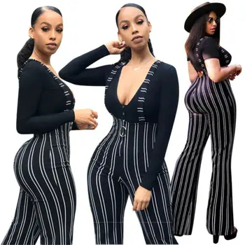 

Women Clubwear Pants Black Striped Playsuit Bodycon Party Jumpsuit Suspender Flared Trousers Fashion Casual Girls Bodysuits