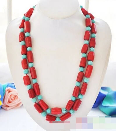 

FREE SHIPPING>@@> 3153 red cylinder coral blue turquoise bead necklace