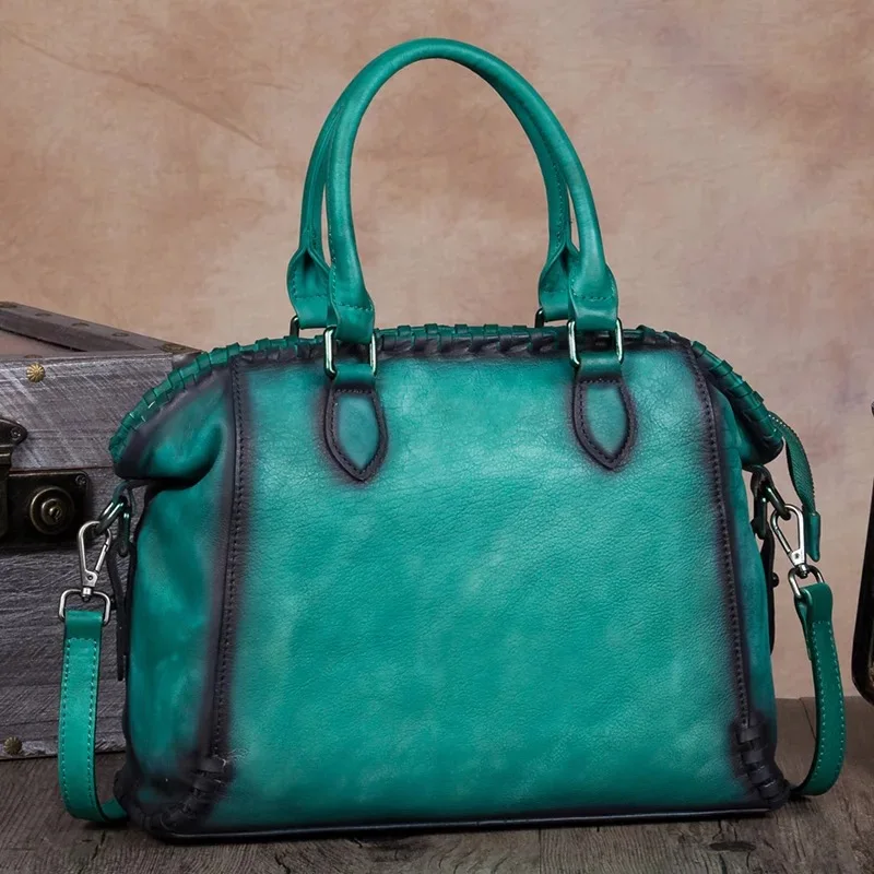 

Vintage Color-mixing Designer First Layer Genuine Cow Leather Handmade Women's Handbag Lady Boston Purse Single Shoulder Bag