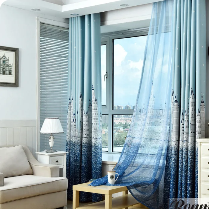 

Boy's Simple and Environmental Cartoon Blue Curtains for Living Room Bedroom Castle All-shaded Balcony Curtain In Children's