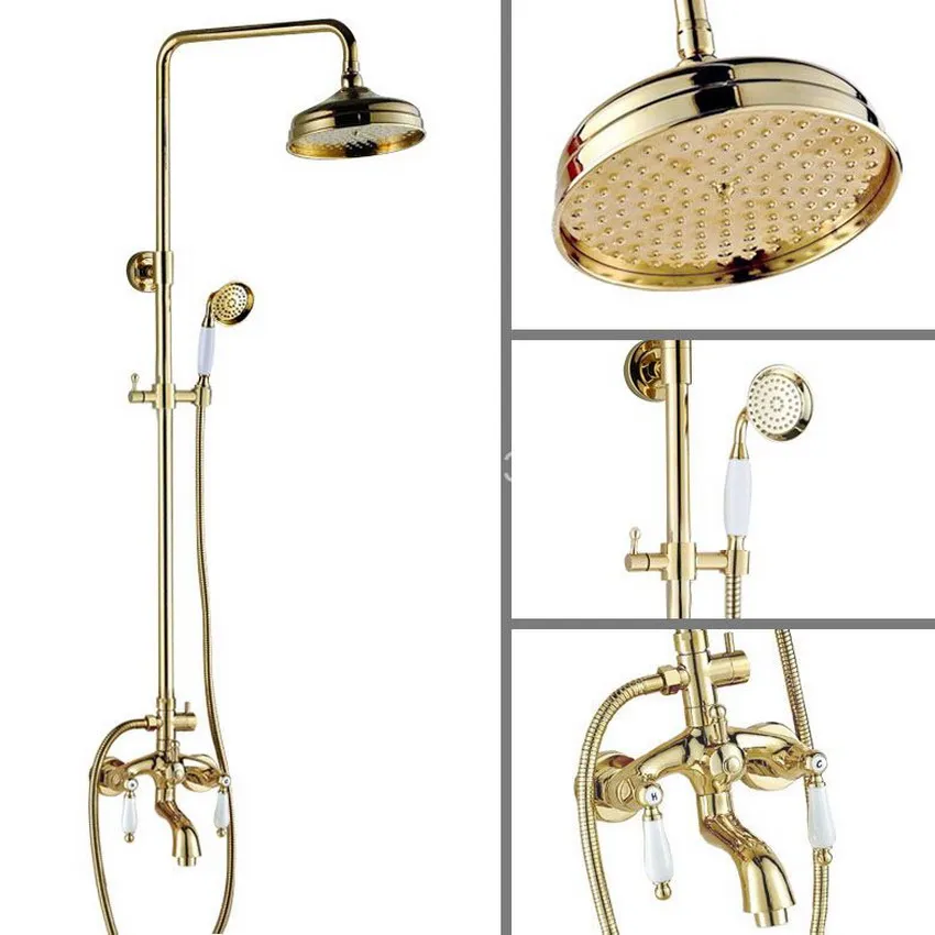 

Gold Brass Ceramics Levers 8" Large Round Shower Head Wall Mount Bathroom Rainfall Shower Faucet Set Bathtub Mixer Tap agf431