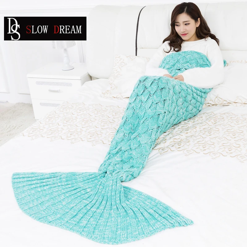 

SLOWDREAM Knitted Mermaid Tail Blanket Light Green Throw Autumn Winter Plain Blanket Child Adult Bedspread Sofa Bed Cover Quilt