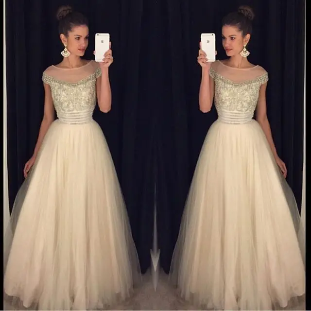 Свадебные платья феста 2017 Свет Шампанское Пром Платья Длинные Бисероплетение