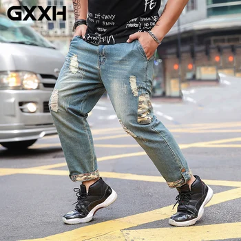 

Large size Hole Men's Nine Jeans Spring and Summer Loose waist Elastic Leisure Blue Harem pants Size XL-3XL 4XL 5XL 6XL