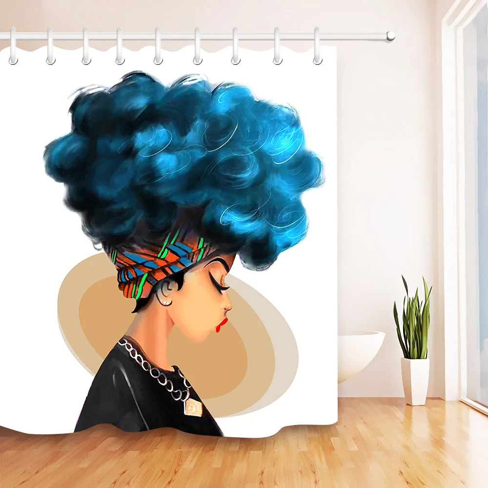 Afro Shower Curtain African Woman with Blue Hair Oasis Watercolor Portrait Picture Print Mildew
