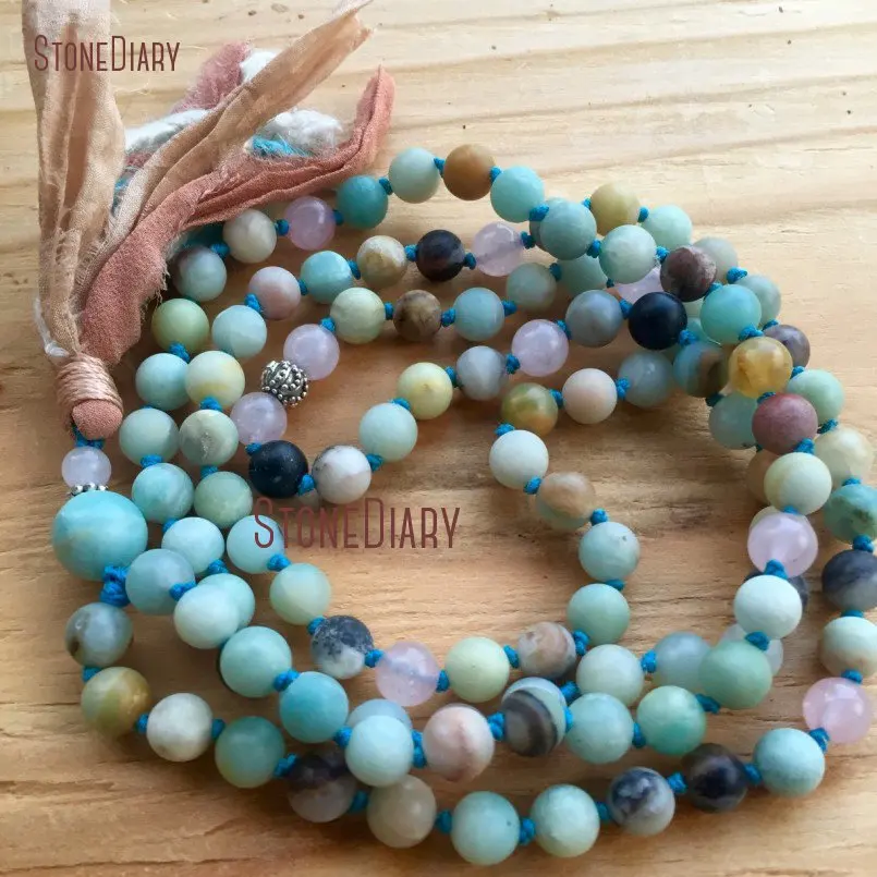 20180313-NM11102-Amazonite Mala Bead, Rose Quartz, Silk Sari Tassel , Courage, Feminine Moon Energy, Heart Chakra Goddess Yoga Jewelry