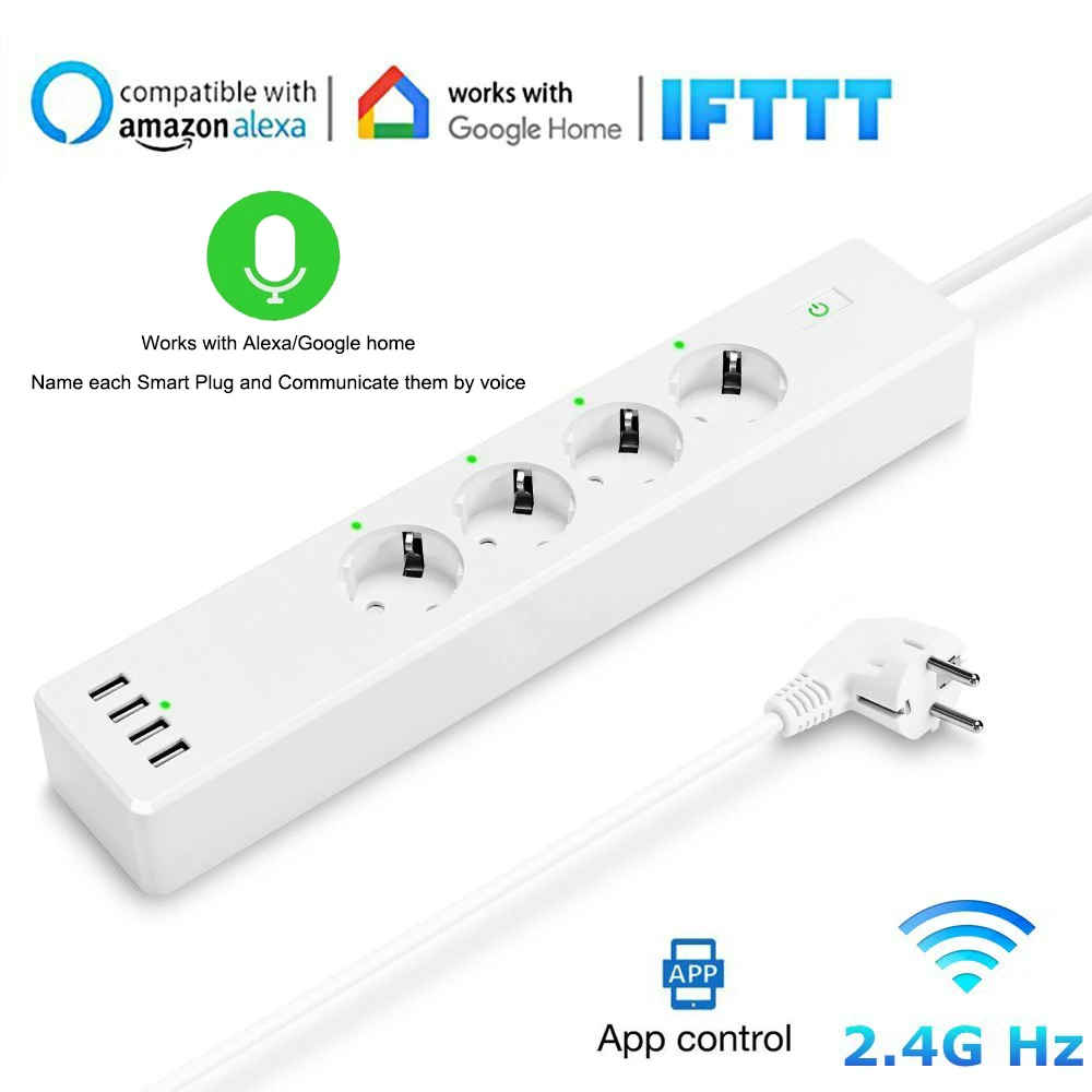

Wifi Smart Power Strip socket Protector with 4 USB Ports and 4 AC EU Plug outlet Voice Controlled for alexa Echo and Google Home