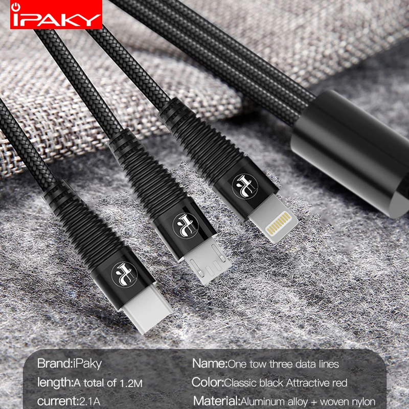 

IPAKY 3 in 1 USB Cable 3A for Mobile Phone Micro USB Type C Charger Cable for iPhone XR XS Max X Huawei Fast Data Charging Cord