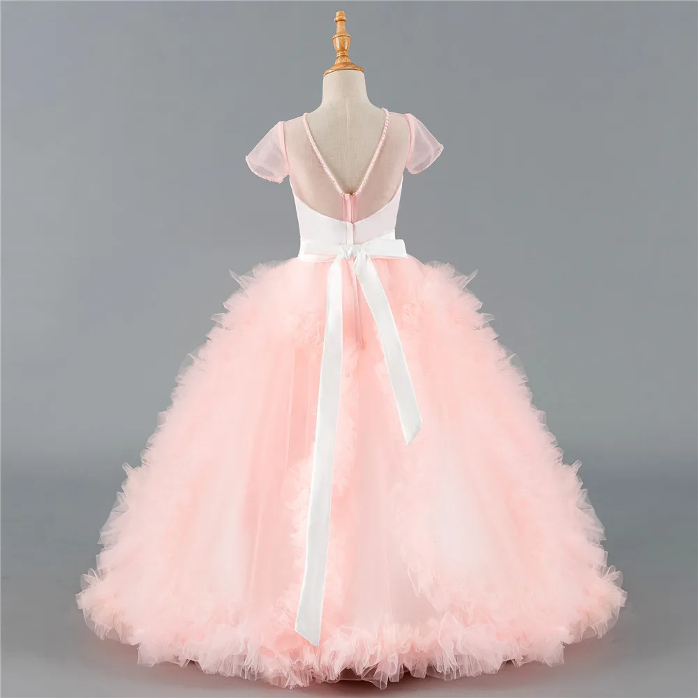 Розовые Платья с цветочным узором для девочек на свадьбу, бальное платье с рукавами-крылышками, фатиновые оборки, кристаллы, платья для первого причастия для маленьких девочек