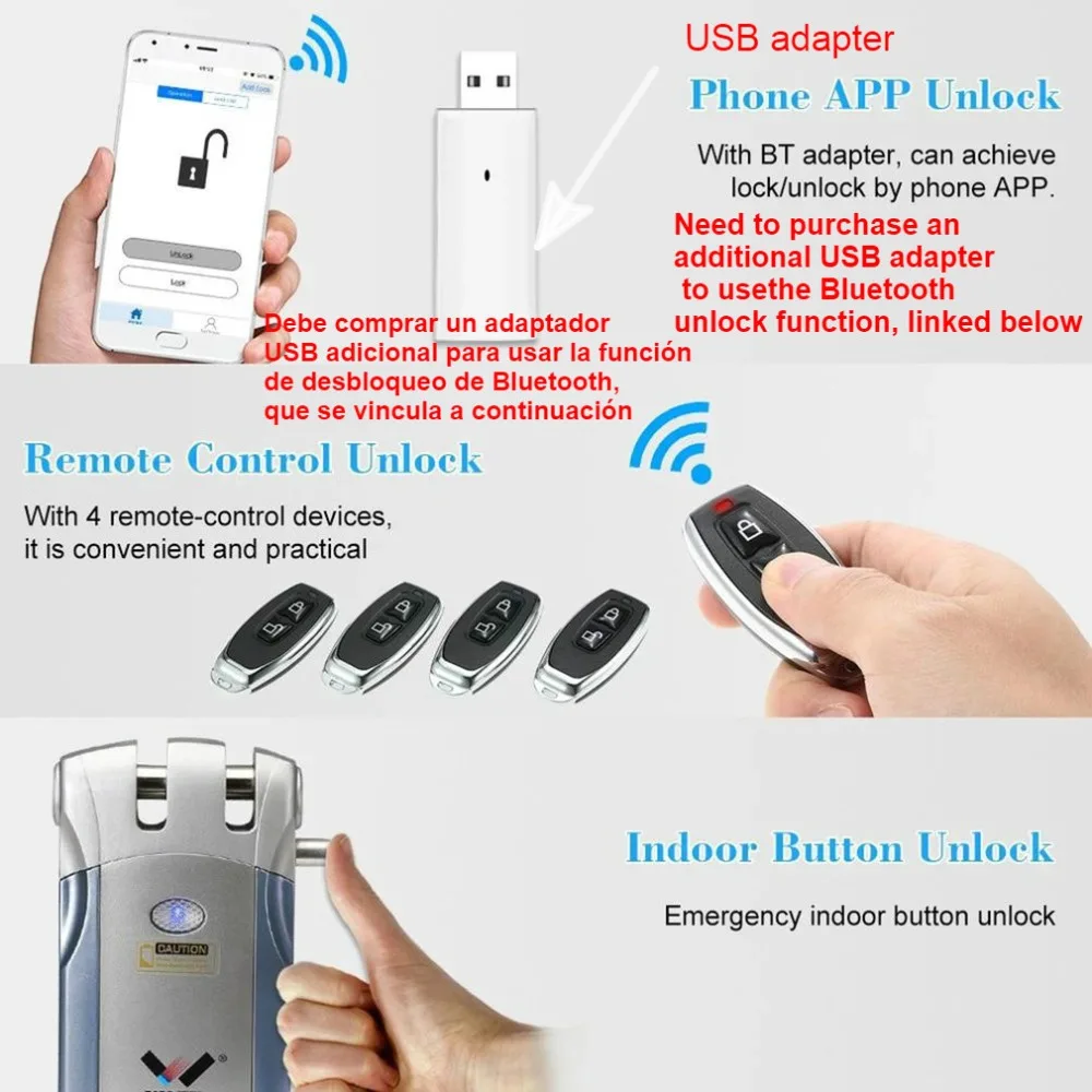 

WAFU 018 Wireless Remote Control Electronic Lock Invisible Keyless Entry Door Lock with 4 Remote Controllers without usb conject