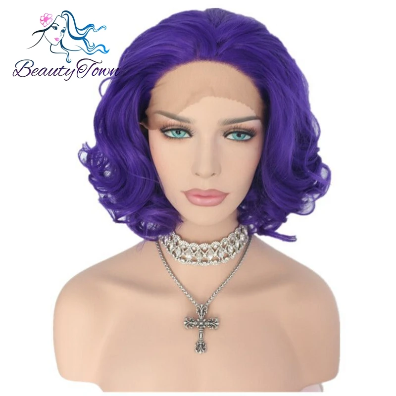

BeautyTown Heat Resistant Fiber Hair Purple Color Short Curly Style Cosplay Drag Queen Glueless Synthetic Front Lace Party Wigs