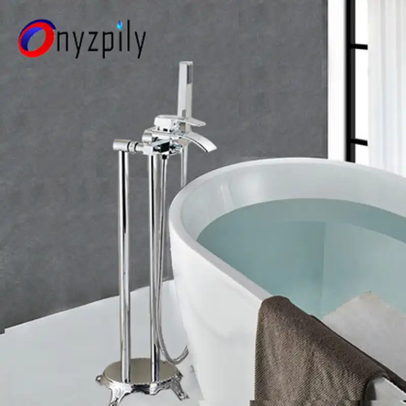 Onyzpily Chrome Waterfall Bath Shower Faucet Floor Mounted Bathtub