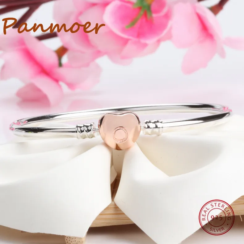 

Authetic Brand S925 Sterling Silver Love Heart Buckle Rose Gold Fit pan Bracelet Bangle Women Jewelry Pulseira
