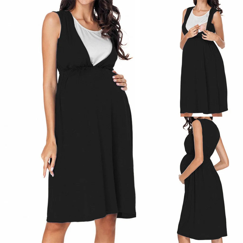 

Maternity Nursing Dresses Casual Solid Sleeveless Patchwork Breastfeeding Dress For Pregnant Women Pregnancy Summer Clothes