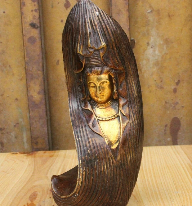 

8" Chinese Buddhism Bronze Gilt Kwan-Yin Guan Yin in Leaf Goddess Buddha Statue