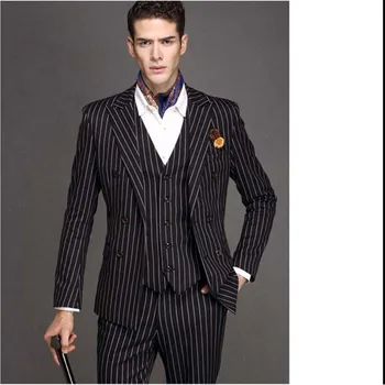 

Groomsmen Peak Lapel Groom Tuxedos Black Stripe Men Suits Seats 2017 Wedding Best Man Blazer With Pants (Jacket+Pants+Tie+Vest)