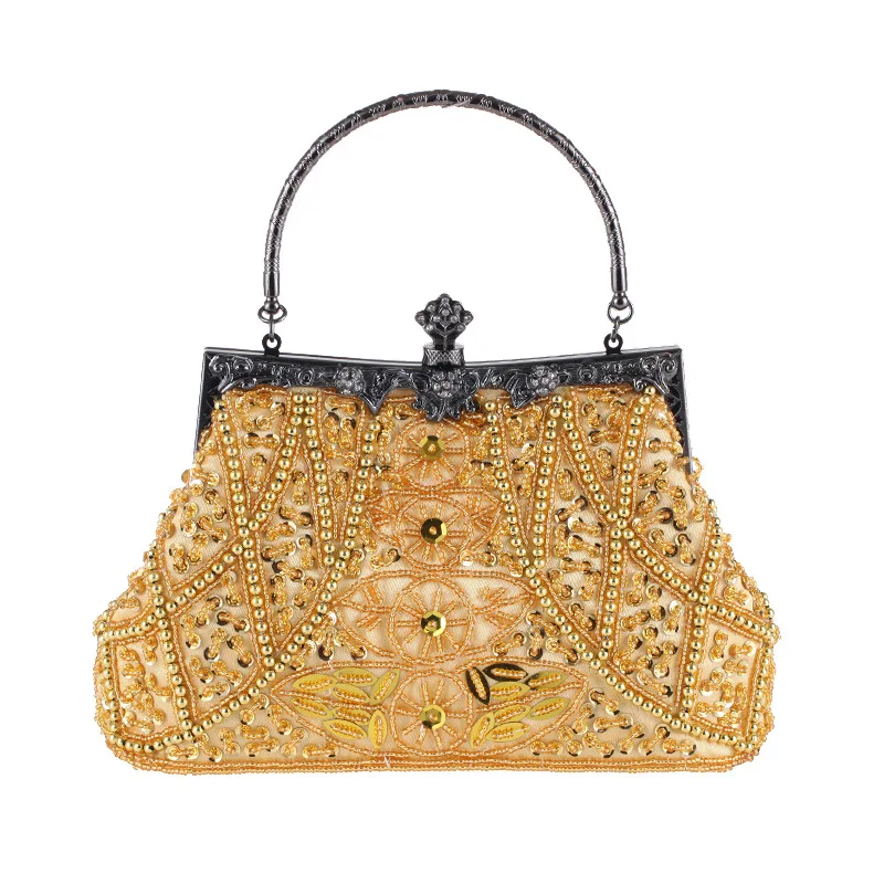 

Bamboo Charm Vintage Beading Flower Women's Evening Clutch Metal Handle Wedding Party Handbag Pouch Hobos Crossbody Shoulder Bag