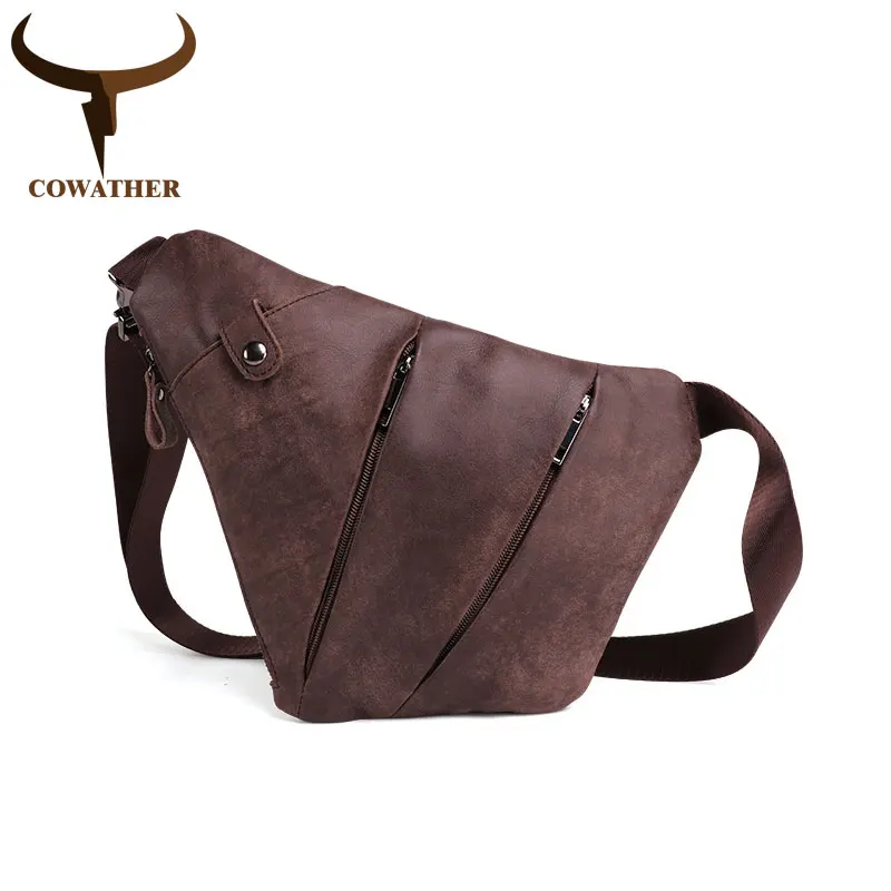 

COWATHER top cow genuine leather Men's Crossbody Bags Men Chest Bag new Messenger bag Leather Shoulder Bags Q6353 free shipping