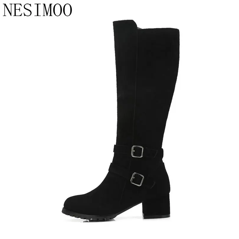 

NESIMOO 2019 Women Knee High Boots Cow Suede Zipper Platform Winter Shoes Elegant Casual Women Motorcycle Boots Size 34-40