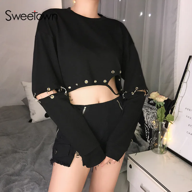  Sweetown Black Detachable Long Sleeve Kpop Korean Sweatshirt Women Metal Iron Hollow Gothic Crop Ho