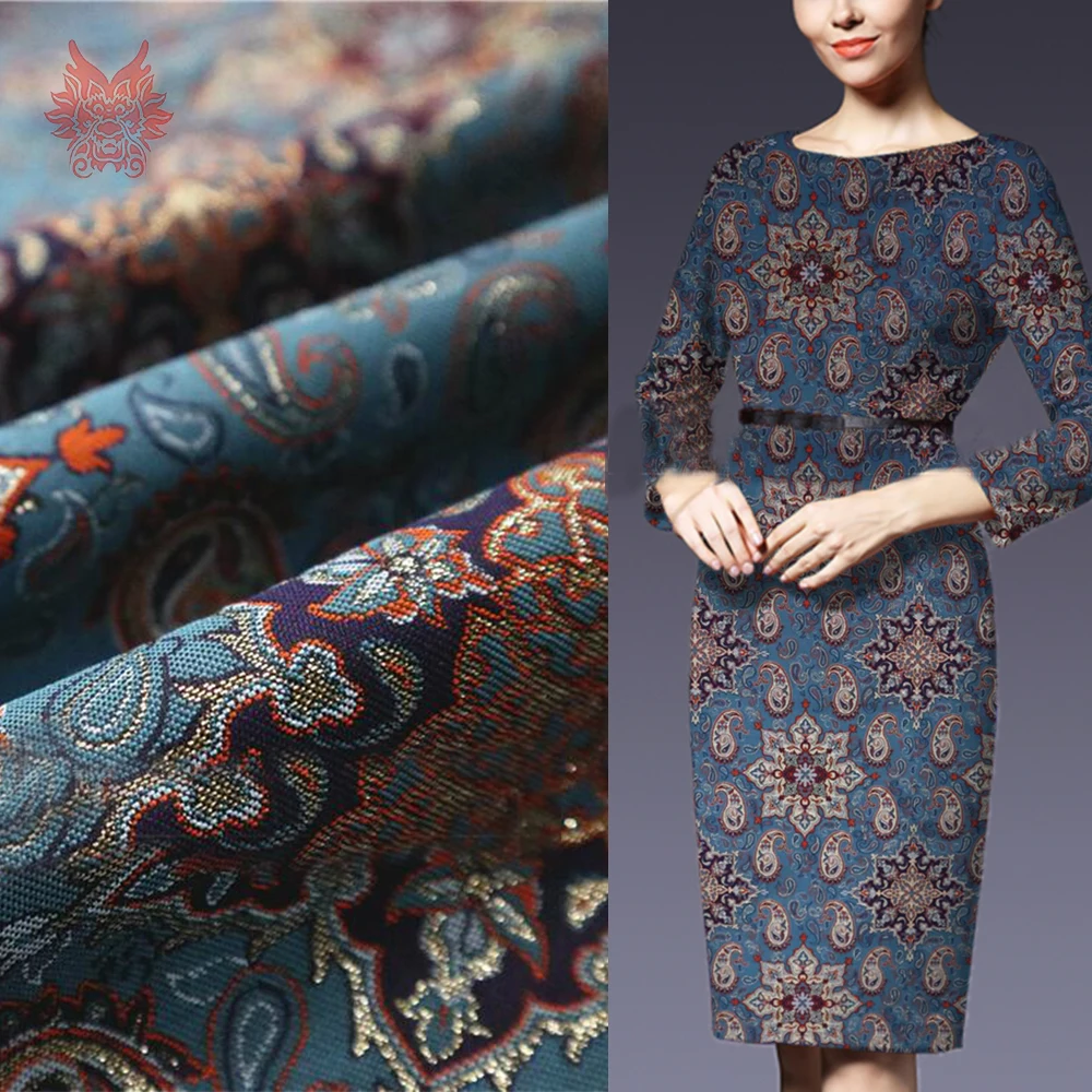 

American style retro paisley metallic jacquard brocade fabric for dress coat blue jacquard tissue tela tecido stoffen SP5696