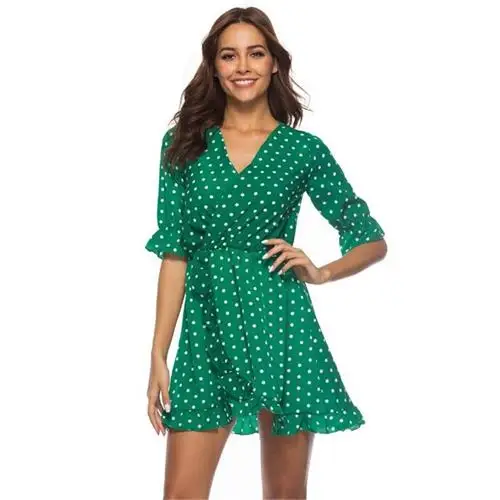 green TYJTJY женское платье оборками печати горошек Сексуальная Bodycon пляжное женское с коротким рукавом для летних вечеринок Мини платья vestidos - Цвет: green