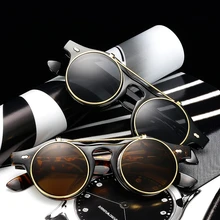 Женские солнцезащитные очки в стиле стимпанк Для мужчин ретро-очки круглые очки флип Очки шов панк винтажные клипсы на Óculos de sol