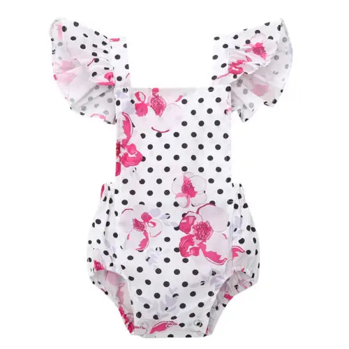 

New Design Summer Infant Bodysuit Baby Girl Clothes Floral Print Dot Bandage Jumpsuit Outfit Short Swing Sleeve Fashion Bodysuit