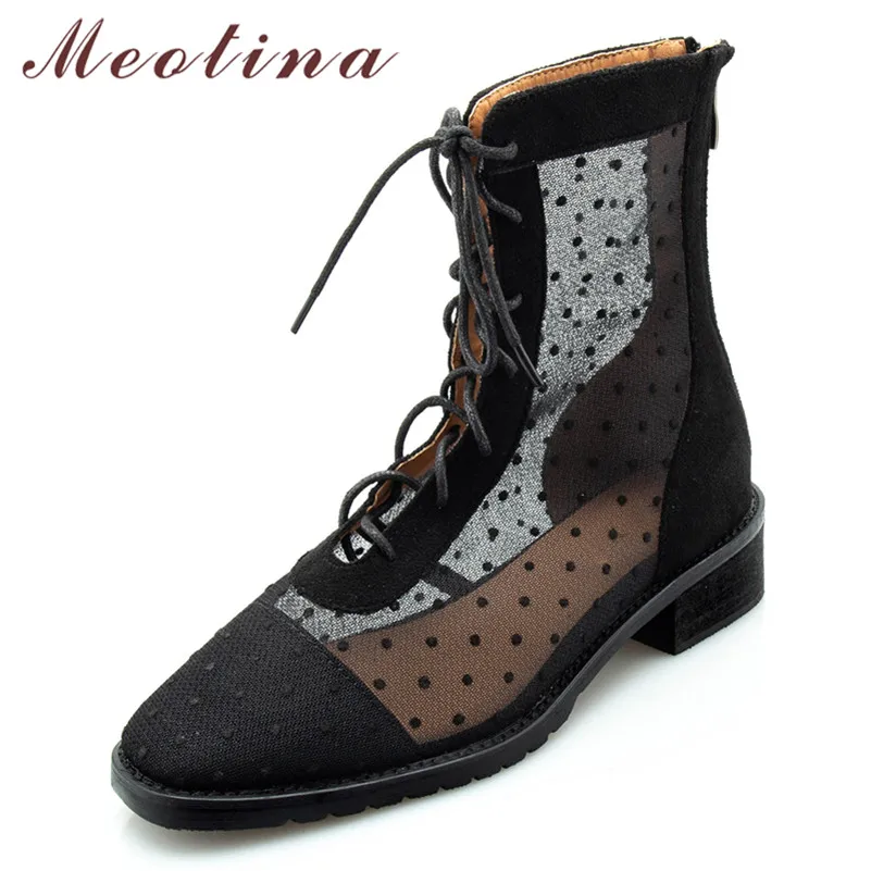 

Meotina Women Ankle Boots Summer Kid Suede Polka Dot Block Heel Short Boots Genuine Leather Zipper Shoes Lady Autumn Size 33-41