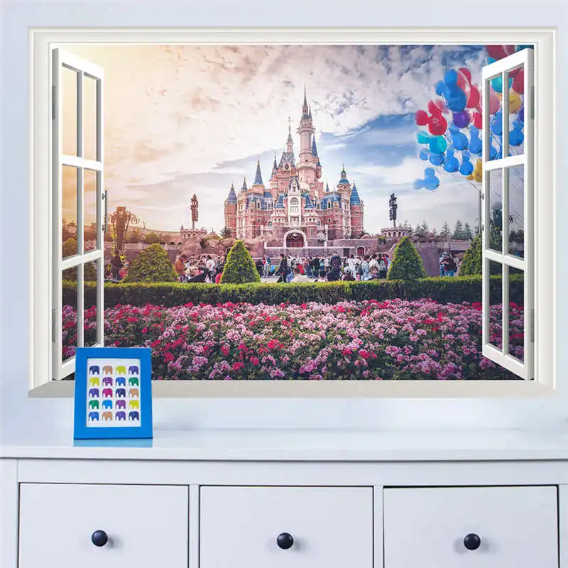 

3d vivid window princess castle flower home decals wall sticker for kids room girls bedroom mural art poster