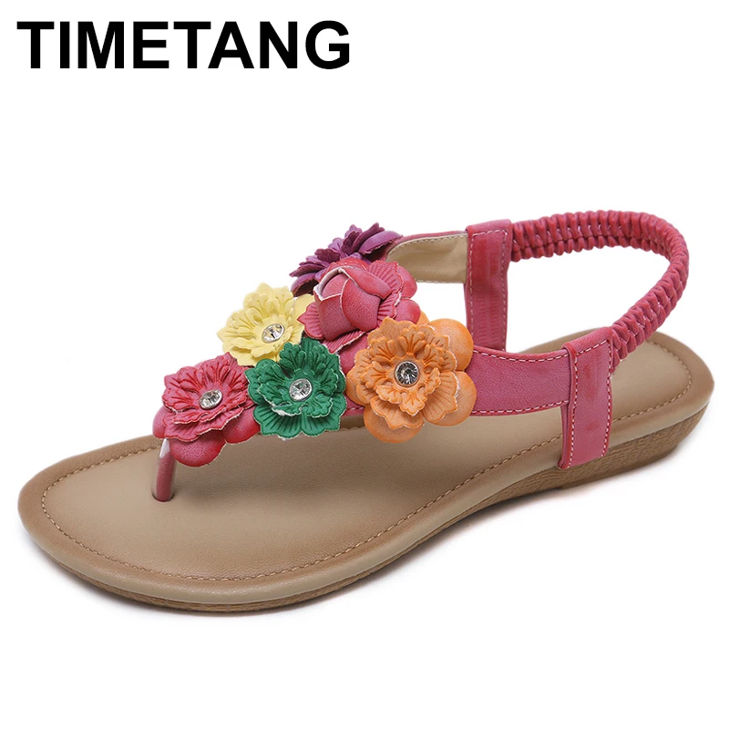 

TIMETANGBohemian Boho Sandals Flower Floral Rhinestone Crystal Gladiator Sandals Thong Flat Heels Elastic Band Summer ShoesE408