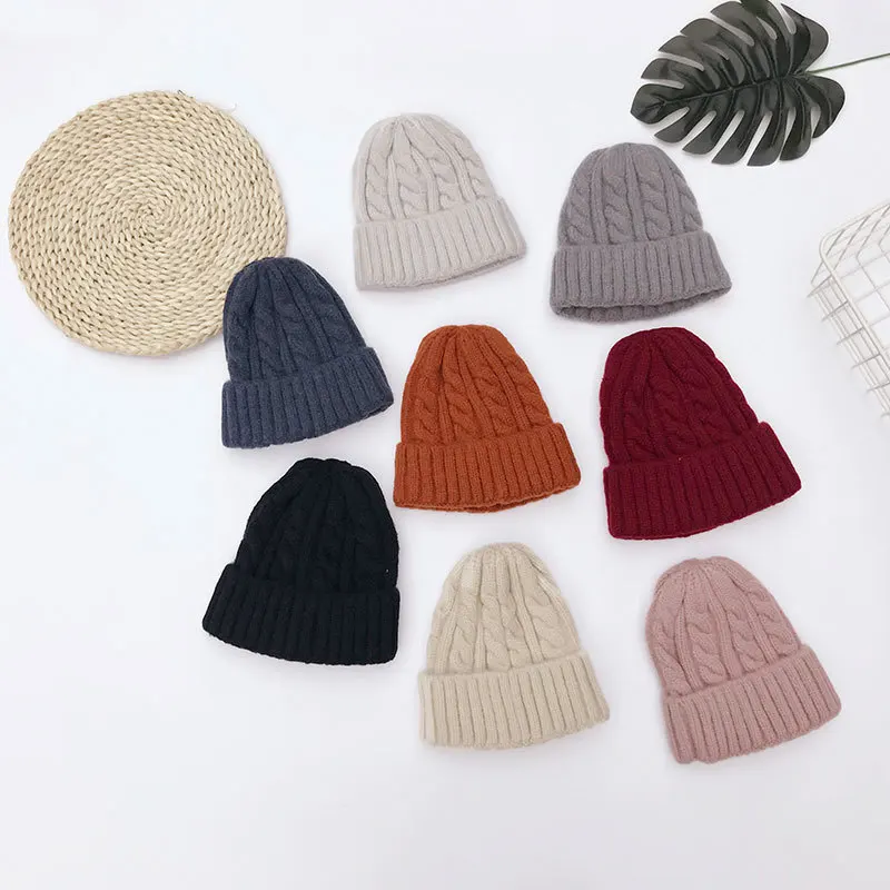Зимняя шапка, вязаная шапка для детей, уличная защита от холода, теплые шапки, чистый цвет, большой пуловер для мужчин и женщин, детские шапки