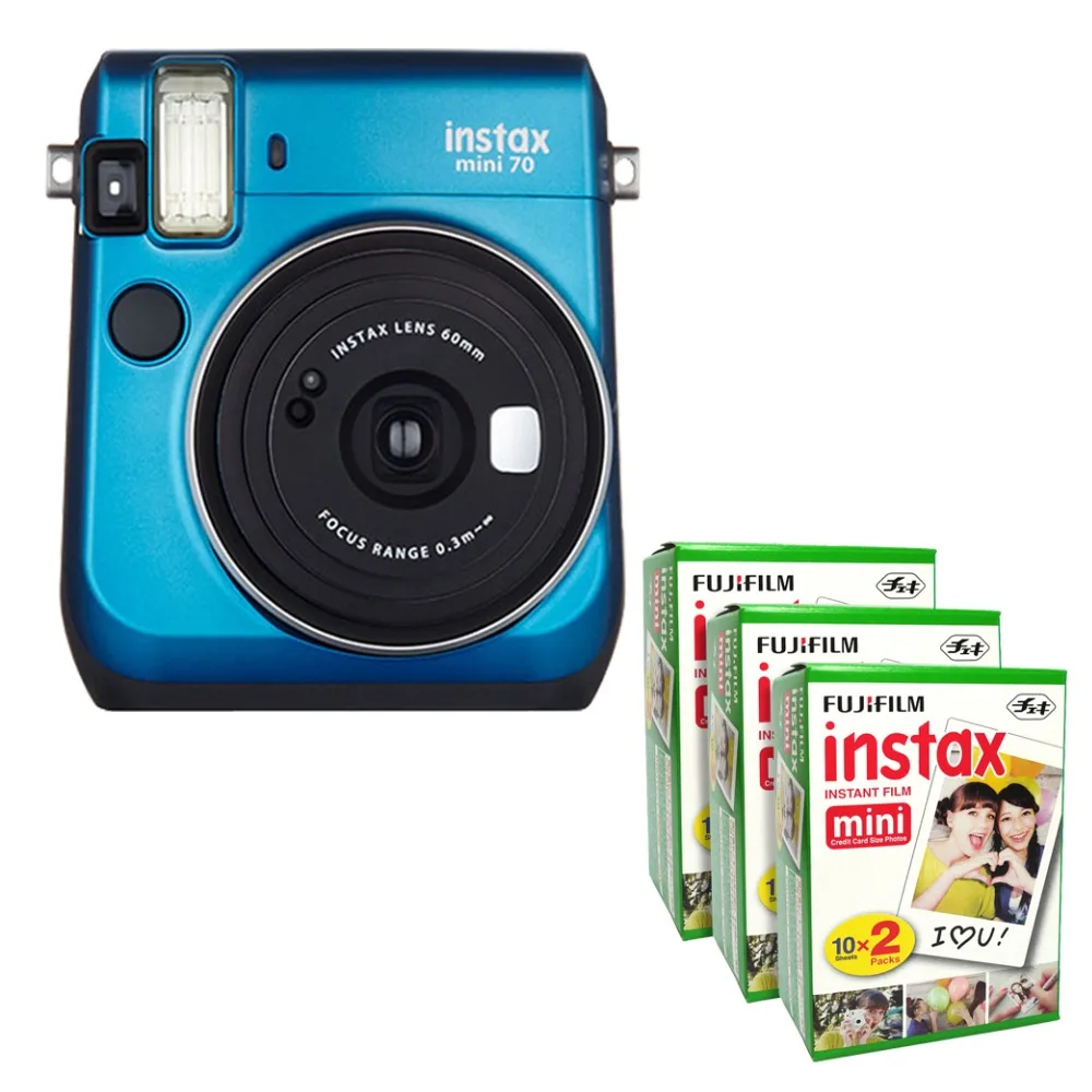 Fujifilm Instax Mini 70 мгновенная пленка камера синяя со стильным плечевым ремнем+ Fuji 60 мгновенная пленка фото картинка