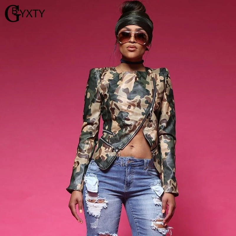 

GBYXTY Irregular Zipper Crop Jacket Women Spring Autumn Long Sleeve Camouflage PU Faux Leather Jacket Coat Bomber Jacket ZA1282