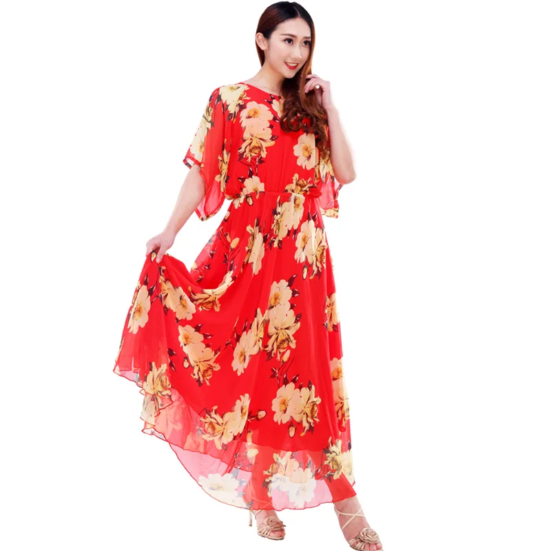 Womens Chiffon Bohemian Floral Gypsy Maxi Dress With Sleeves-in Dresses ...