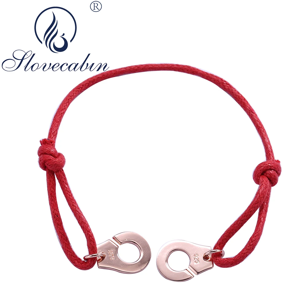 

Slovecabin Real 925 Sterling Silver Handcuffs Menottes Red Rope Bracelets Argent Adjustable Women Bracelets Silver 925 Jewelry