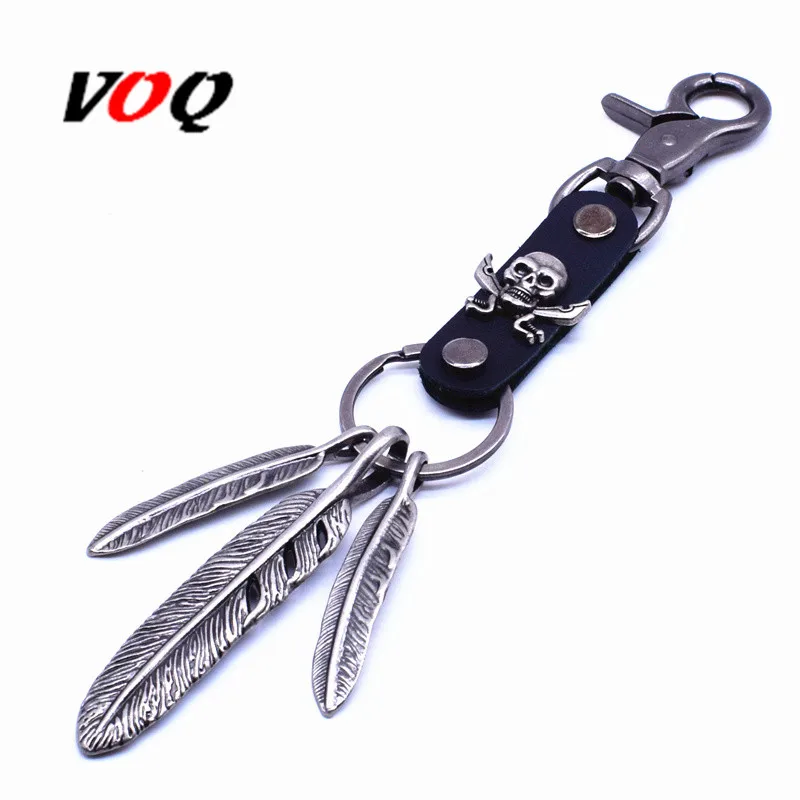 

VOQ Punk Style 3 Metal Feathers Antique Silver Key Chains Leather skull Gothic Style Car Bag Key Holder Pants Hanging Ornaments