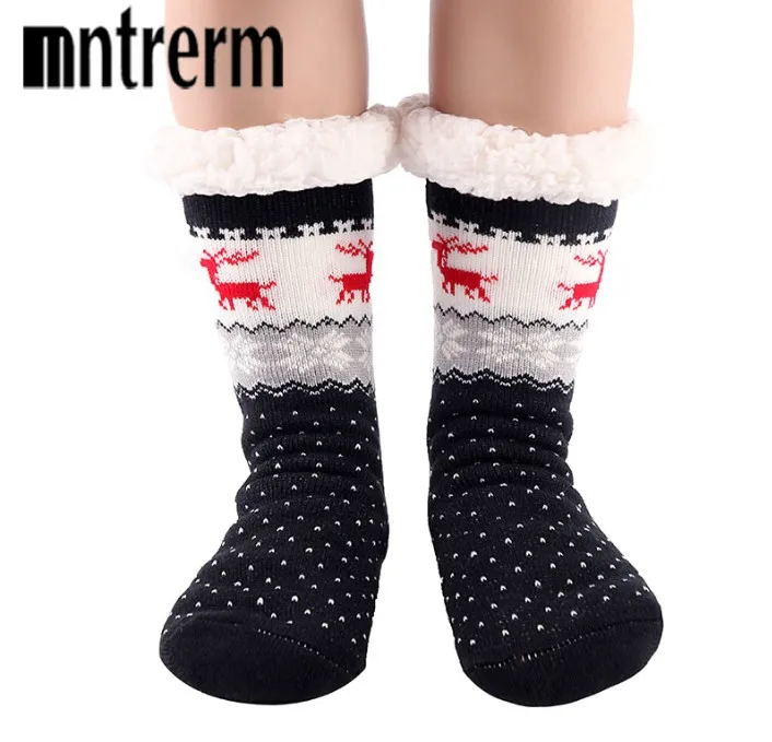 Mntrerm/высококачественные зимние рождественские носки-тапочки; утепленные женские нескользящие носки с рисунком оленя; подарок; вязаные шерстяные тапочки - Цвет: bit deer black