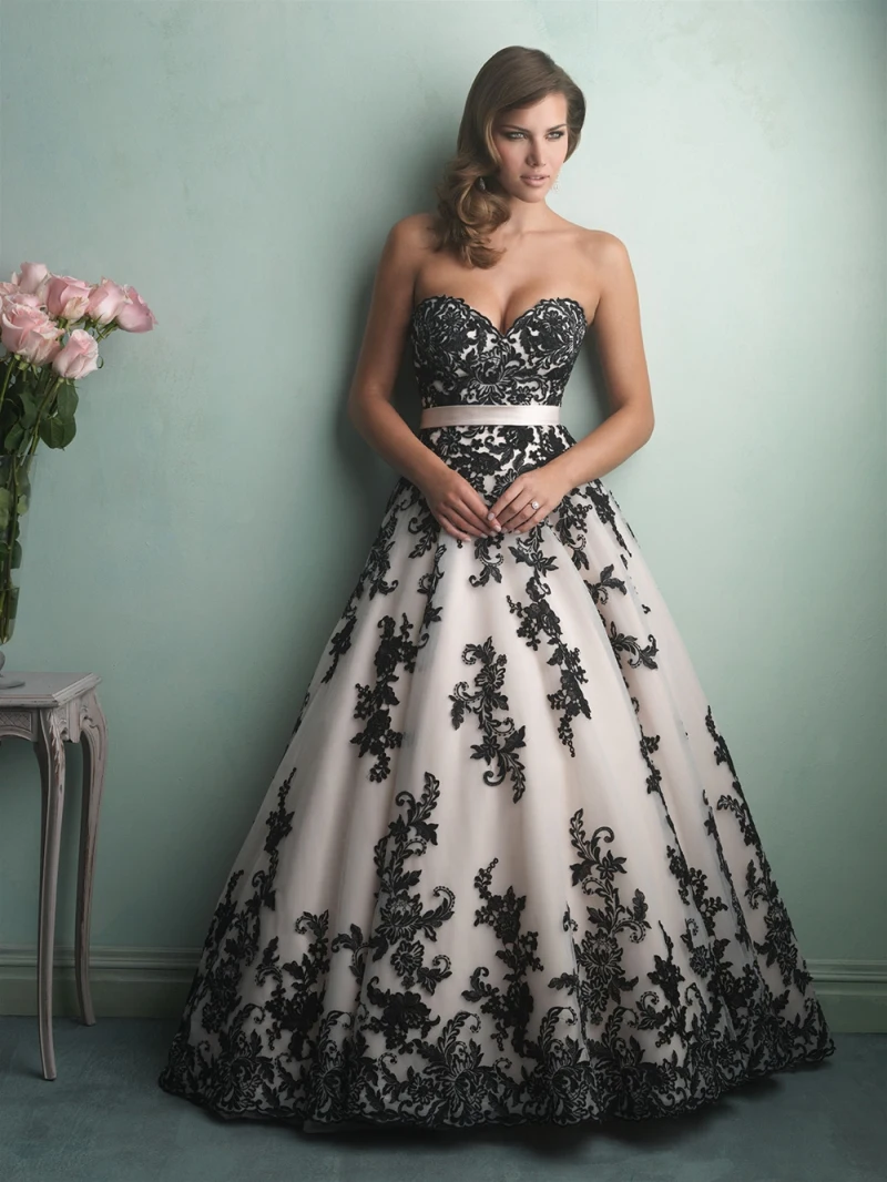 

Wedding gowns bridal gowns organza sweetheart court train appliques A-line black and white Wedding Dress 2015