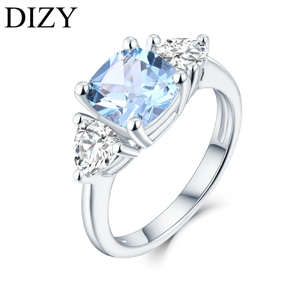 

DIZY 3Stone Cushion Natural Sky Blue Topaz Ring 925 Sterling Silver Gemstone Ring for Women Gift Wedding Ring Engagement Jewelry