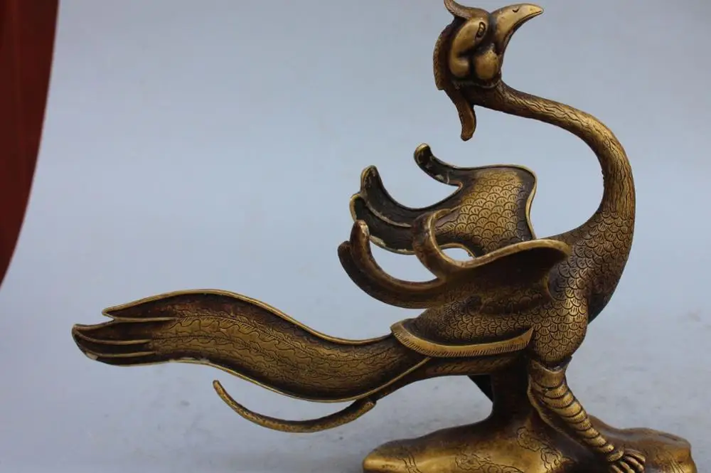 

13"Rare Pure Bronze Carved Animal Flying Bird Phoenix Peacock peahen Sculpture