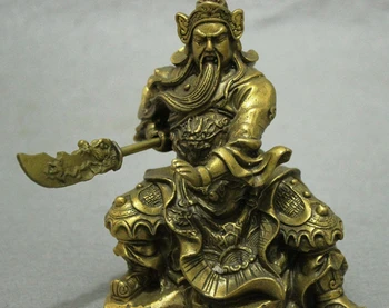 

5" China Famous Brass Dragon Warrior GuanGong GuanYu God Sword Statue Sculpture