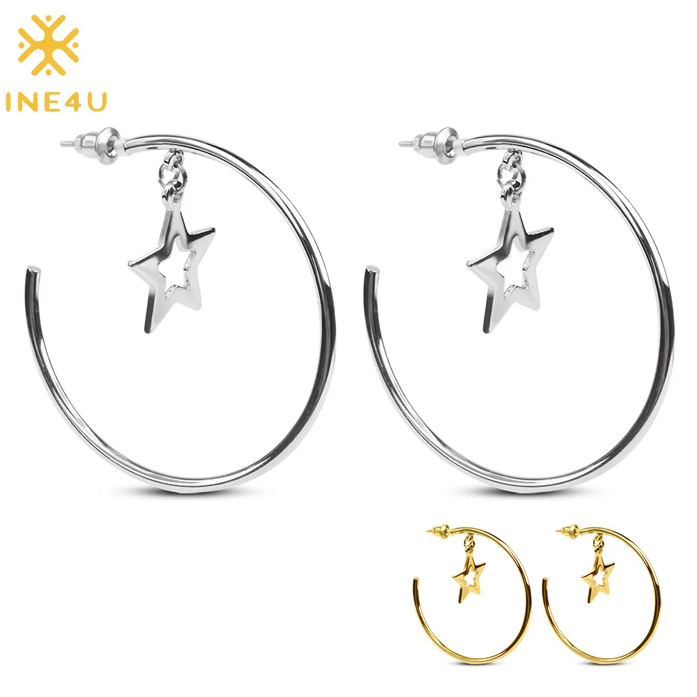 

FINE4U E079 Gold Color Round Circle Dangle Earrings Stainless Steel Star Drop Earrings 2019 Korea Style Women Statement Jewelry