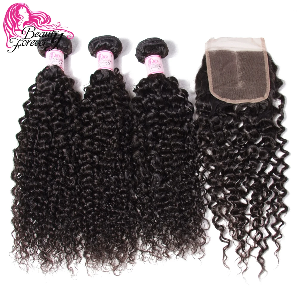 

Beauty Forever Curly Brazilian Human Hair 3 Bundles With Lace Closure 100% Remy Hair With 4*4 Closure Free/Middle/Three Part