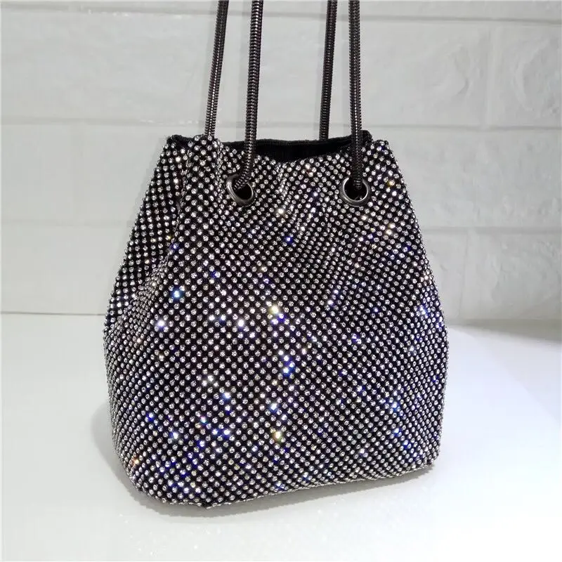 2019 New Black and Silver Super Flash Rhinestone Chain Bag Bucket Bag Women Purses and Handbags