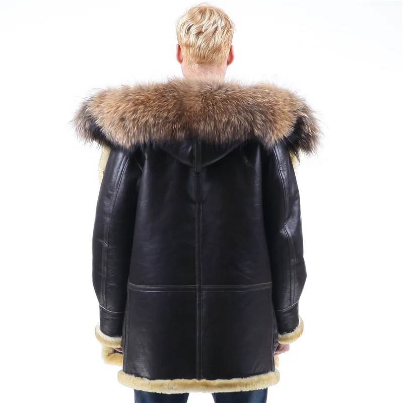 Толстое мужское зимнее пальто с защитой от холода, пальто из овчины, верхняя одежда, меховые парки средней длины, кожаная куртка с воротником из меха енота - Цвет: raccoon fur collar