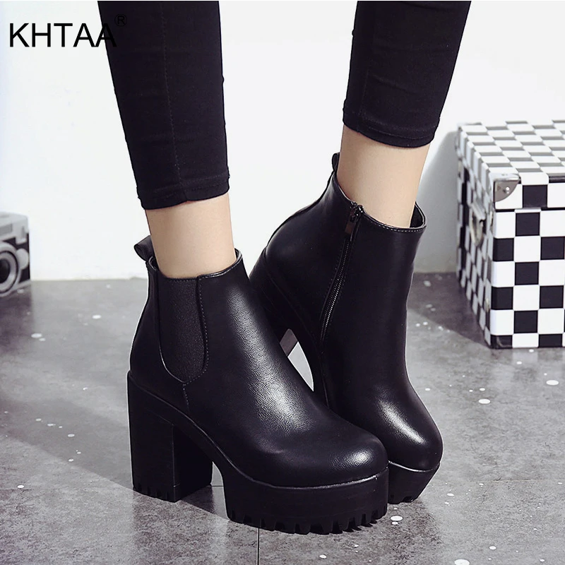 $14.21 Women Elastic Band Autumn Ankle Chelsea Boots Square Heel Platform Female Shoes Super High Heels Wi