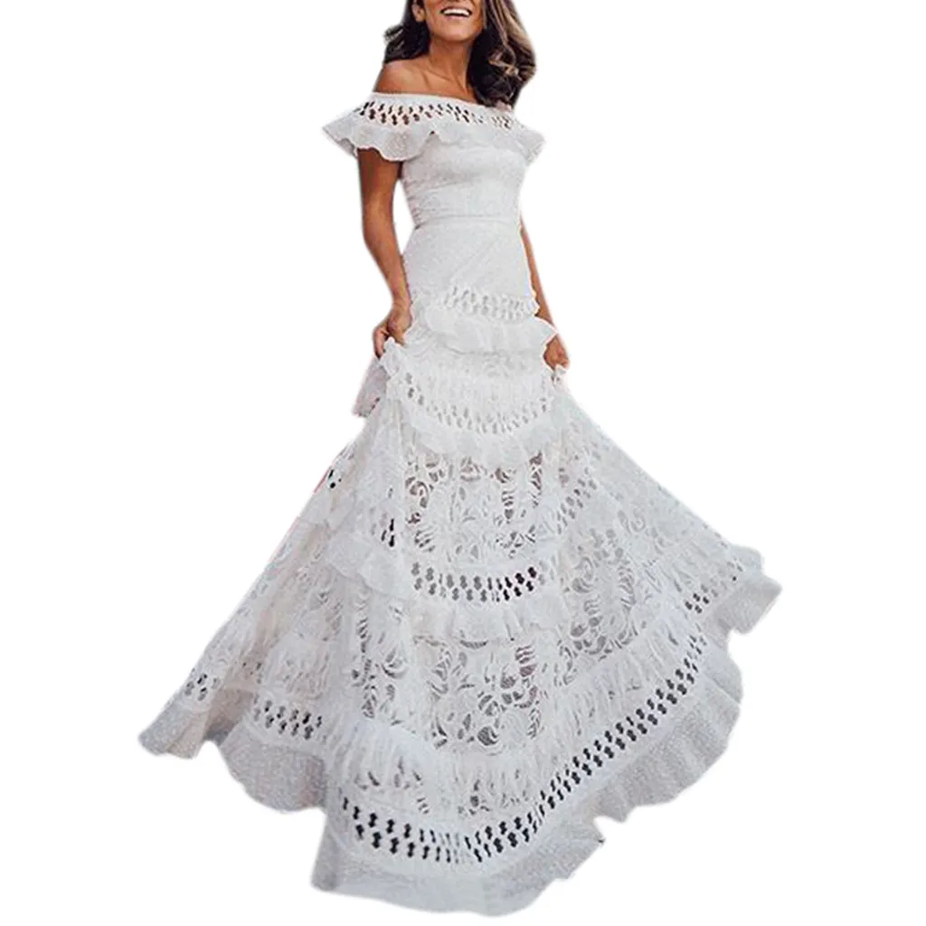 

Boho Women's Holiday Lace Hollow Out Mesh Sundress Solid White Wedding Party Slash-Neck Maxi Dress Summer Ladies Clothes Dresses