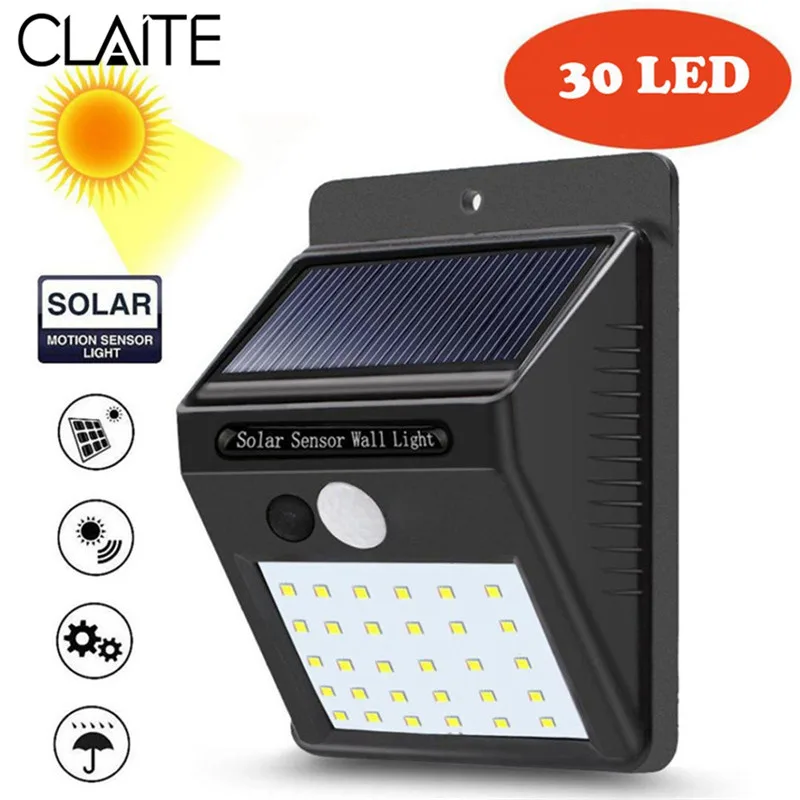 

CLAITE Waterproof 30 LED Solar Panel Power PIR Motion Sensor Wall Lamp Security Wireless Path Yard Garden Fence Night Light