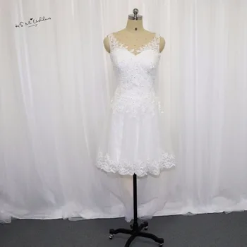 

Hot Sell White Short Wedding Dress Knee Length Beads Vestido de Noiva Curto Lace Bride Dresses 2017 Buttons Women Wedding Gowns